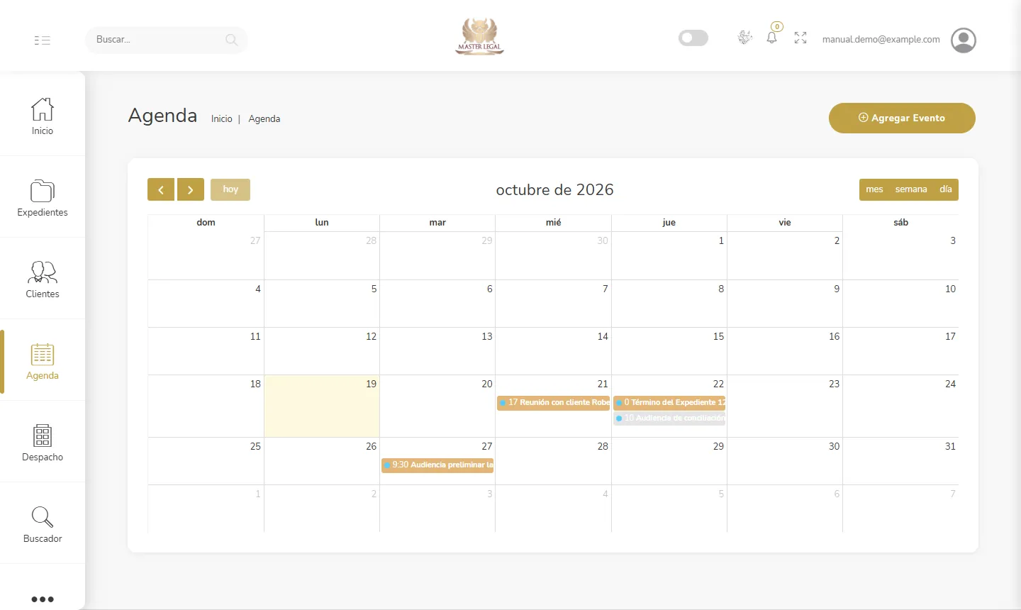 Agenda, eventos y términos judiciales en Master Legal