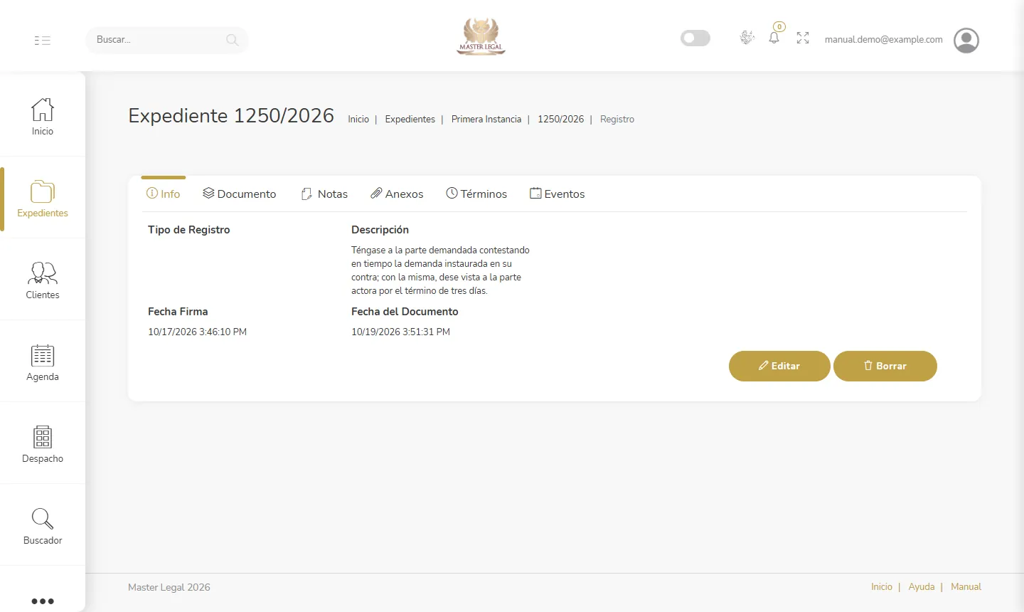 Notas, anexos, términos y eventos en cada acuerdo en Master Legal